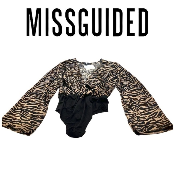 MISSGUIDED Bodysuit Black Brown Wrap Front - Picture 2 of 6